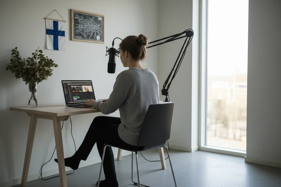 Nuori suomalainen sisällöntuottaja minimalistisessa Helsingin kotistudiossa nauhoittaa selostusta kondensaattorimikrofonilla