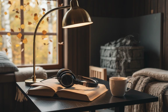 Avoin suomalainen kovakantinen romaani ja kuulokkeet puupöydällä höyryävän kahvikupin vieressä