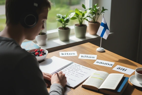 Kielenopiskelija harjoittelee suomen &auml;&auml;nt&auml;myst&auml; kuulokkeet p&auml;&auml;ss&auml; ja vihko edess&auml;&auml;n