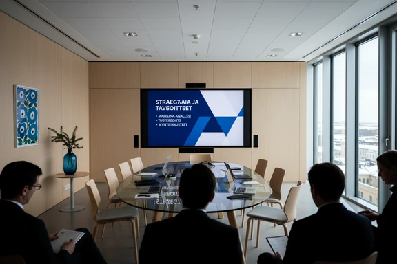 Modern Finnish corporate meeting room with a wall screen showing a clean business presentation in Finnish and minimalist Scandinavian furniture