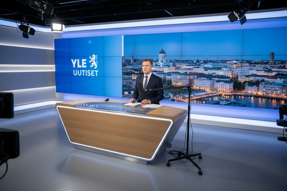 Moderni suomalainen uutisstudio puhujapöytä, mikrofoni ja Helsingin näkymä taustalla