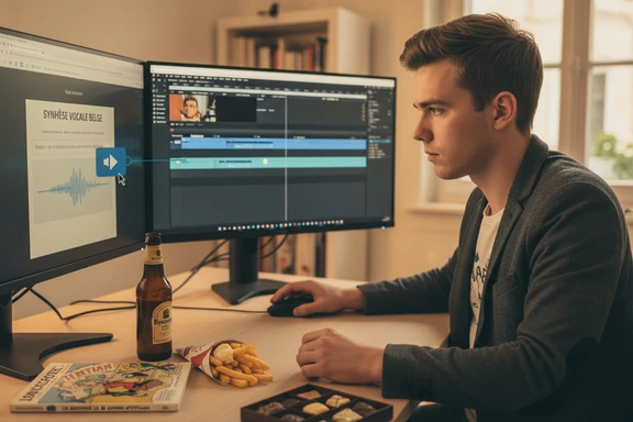 EU institutional voiceover — European Parliament hemicycle with fr-BE waveform screen
