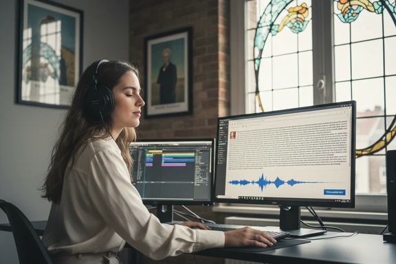 Brussels chocolatier brand voiceover — pralines flat-lay with tablet audio interface