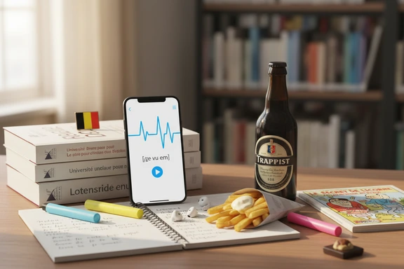 Language learning — textbook page on septante and nonante numbers with laptop