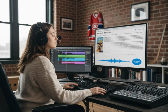 Québec marketing studio with Montréal skyline, Hydro-Québec branding and waveform on screen