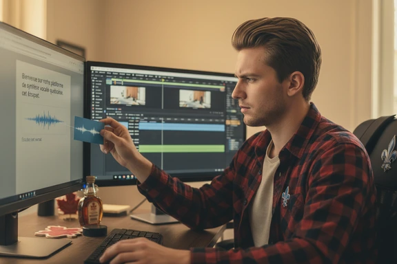 Bilingual Canadian content creator setup with maple leaf accents and podcast microphone