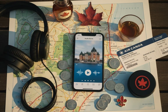 Old Montréal cobblestone street and Quebec City fortifications with audio guide headphones