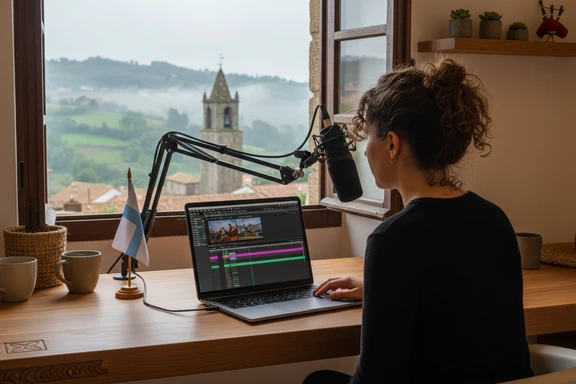 Galician content creator in a Santiago home studio recording a voiceover