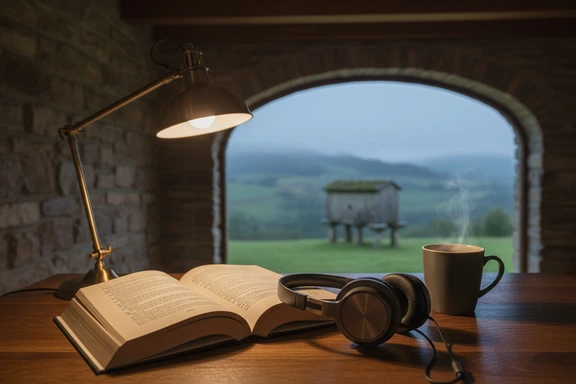 Open Galician novel with headphones on a wooden table in warm evening light