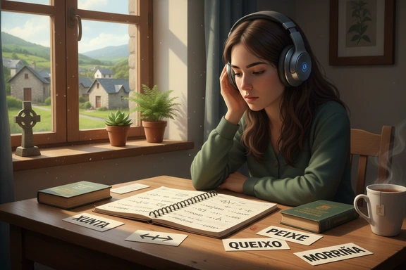Language student practicing Galician pronunciation with headphones and flashcards