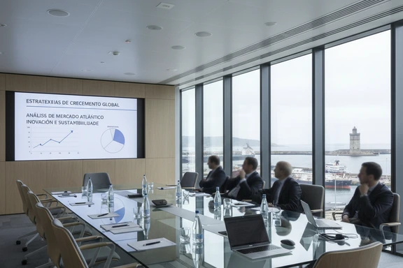 Sala de reuniones corporativa en A Coru&ntilde;a con presentaci&oacute;n en pantalla grande