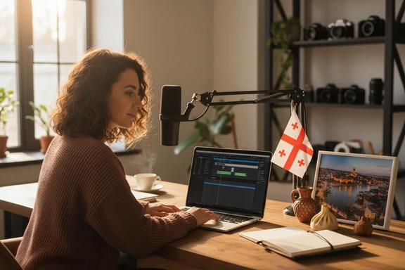 Tiflis silueti çizimli sıcak bir ev stüdyosunda seslendirme kaydeden Gürcü içerik üreticisi