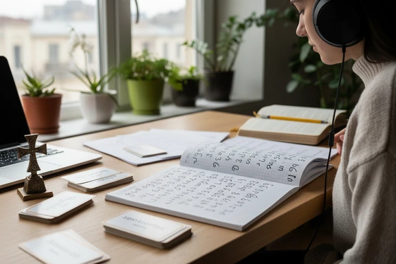 Kulaklık ve harf alıştırma defteriyle Gürcü alfabesi çalışan dil öğrencisi