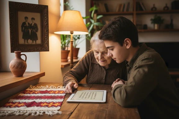 Diaspora family listening together to a Georgian letter playback on a tablet with old family photo