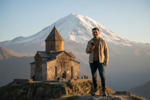 Kazbek Dağı'nın altında antik bir Gürcü manastırının önünde akıllı telefonla sesli rehber dinleyen gezgin