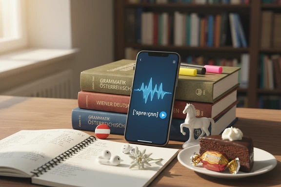 Aufgeschlagenes ÖSD-Lehrbuch mit Austriazismus-Karteikarten