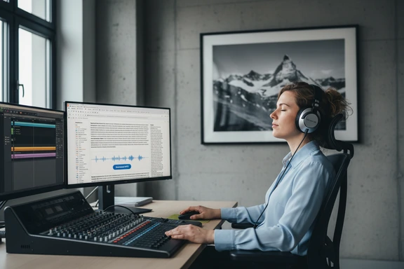 SRF-Studio im Schweizer Stil mit Alpenpanorama und Zürcher Skyline im Hintergrund