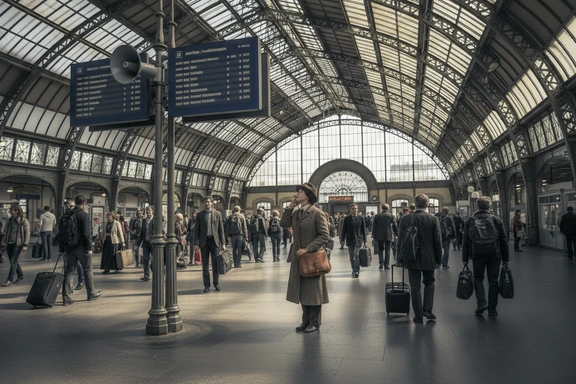 Schweizer Bankschalter und SBB-Bahnsteig mit Audio-Durchsagen
