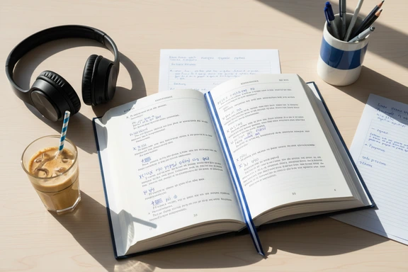 Study desk with modern Greek textbook, phonetic notes and headphones