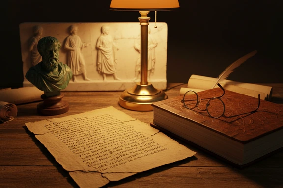 Ancient Greek manuscript with Homeric text, reading glasses and bronze bust