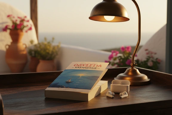 Open Greek literature book with earbuds and reading lamp on wooden desk