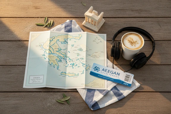 Reise-Flatlay mit Griechenland-Karte, mini Parthenon und Audioguide