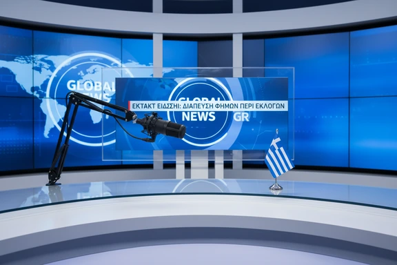 Γραφείο εκφωνητή ειδήσεων με μικρόφωνο και ελληνική σημαία