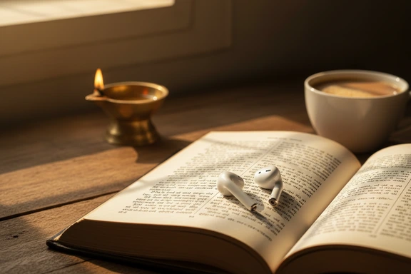 Open Gujarati book with headphones on a wooden table