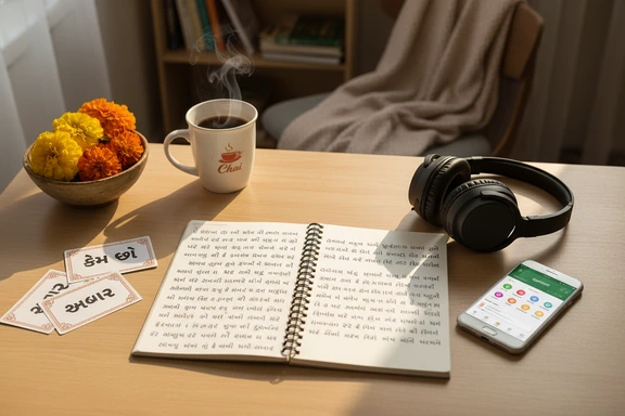 Study desk with Gujarati script flashcards and headphones