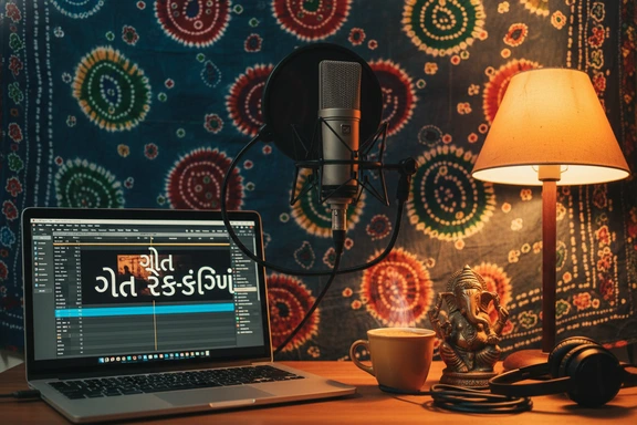 Home recording studio with microphone and Gujarati script on monitor