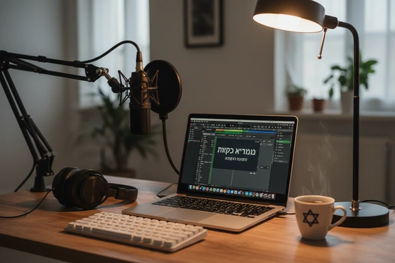 Mikrofon ve dizüstü bilgisayar bulunan içerik üretim stüdyosu