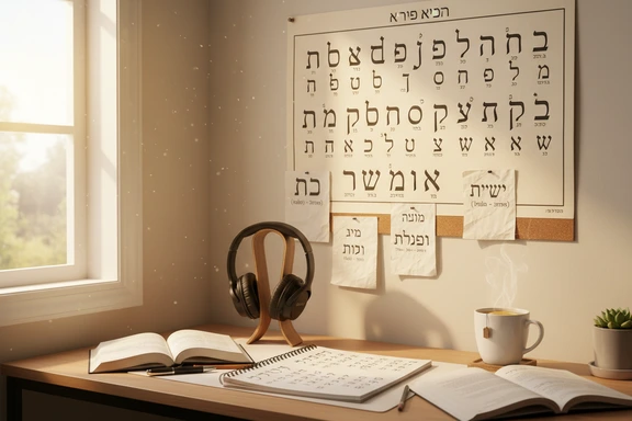 İbranice alfabe tablosu ve çalışma notları bulunan masa