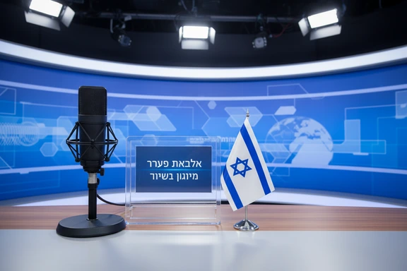 שולחן חדשות עברי עם מיקרופון ודגל ישראל