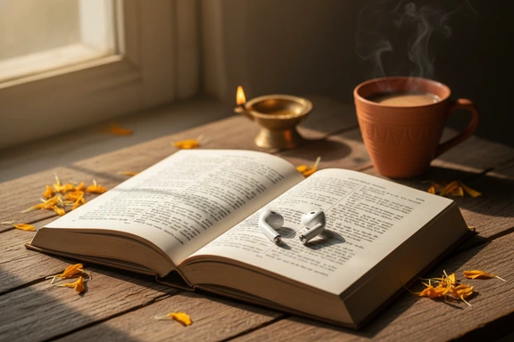 Open Hindi book with wireless earbuds on a wooden desk