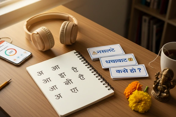 Study desk with Hindi Devanagari flashcards, notebook and headphones