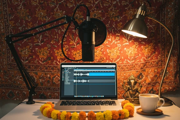 Home recording studio with microphone and Hindi script on monitor
