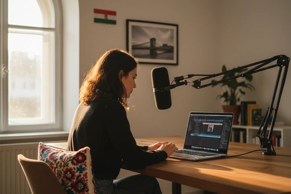 Fiatal magyar tartalomgyártó hangalámondást vesz fel minimalista budapesti otthoni stúdiójában kondenzátormikrofonnal és laptopon látható videó-idővonalakkal