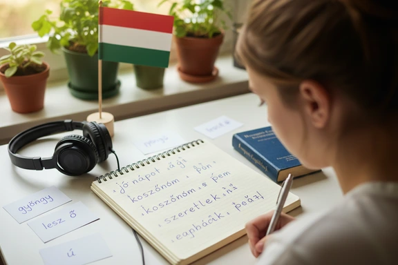 Magyar kiejt&eacute;st gyakorl&oacute; nyelvtanul&oacute; fejhallgat&oacute;ban, nyitott f&uuml;zettel és fonetikai jegyzetekkel