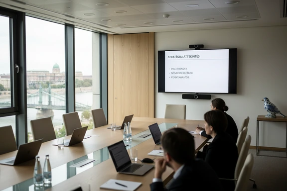Modern Hungarian corporate meeting room with a wall screen showing a clean business presentation in Hungarian and minimalist furniture