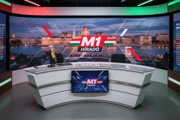 Modern magyar hírstúdió hírolvasói asztallal, mikrofonnal és a Parlament látványával a háttérben