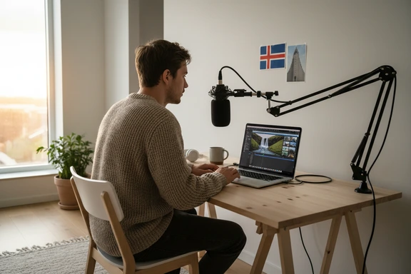 Ung skapare i hemmastudio i Reykjav&iacute;k spelar in voiceover f&ouml;r en vikingatema YouTube-video