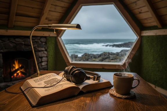 Open Icelandic saga manuscript with headphones on a dark wooden table in warm reading lamp light