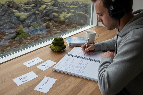 Spr&aring;kstudent &ouml;var uttal med h&ouml;rlurar, ordkort och en anteckningsbok med fonetiska noteringar