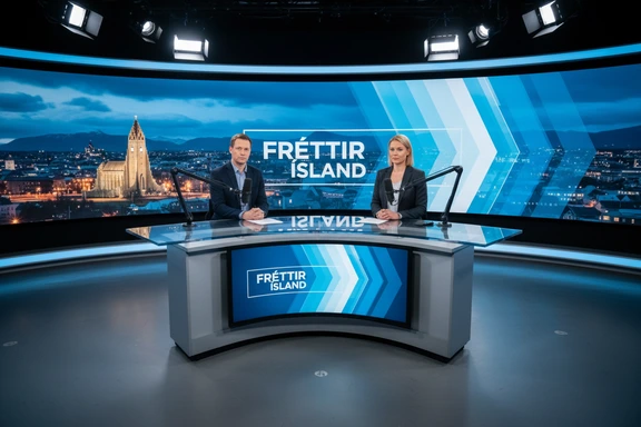 Modern Icelandic news studio desk with microphone and a screen showing Reykjav&iacute;k cityscape