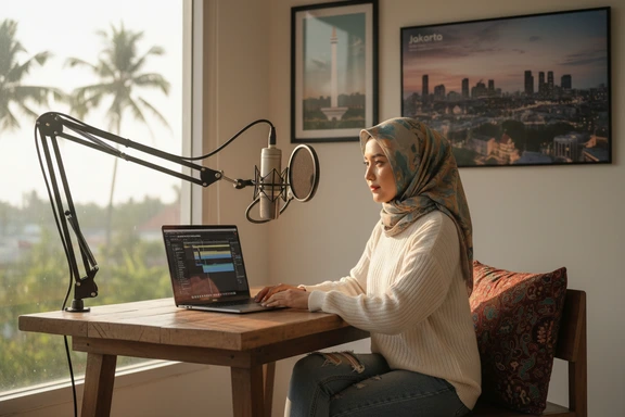 Young Indonesian creator in a home studio recording a Bahasa Indonesia voiceover for a YouTube video