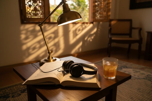 Open Indonesian novel with headphones on a wooden table in warm evening lamp light