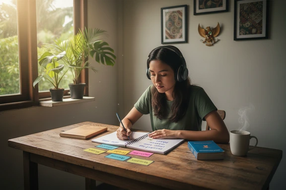 Language student practicing Indonesian pronunciation with headphones and a notebook of vocabulary notes