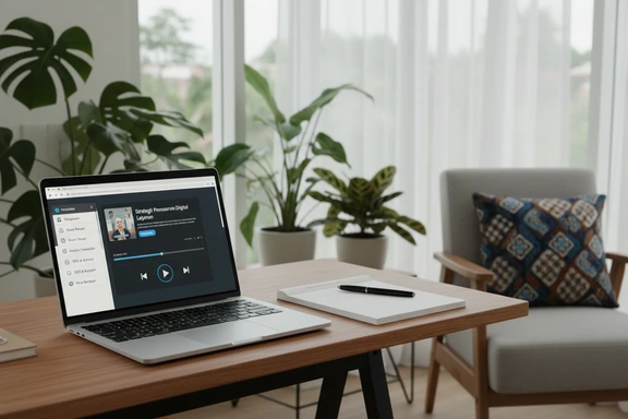 Laptop showing an Indonesian online course with audio lesson and progress bar