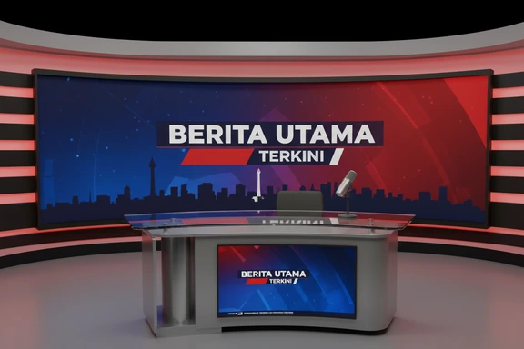 Meja studio berita modern dengan mikrofon dan layar grafis dalam Bahasa Indonesia