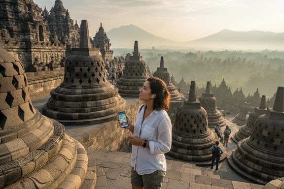 ヘッドホンとスマートフォンでボロブドゥール寺院を散策する観光客